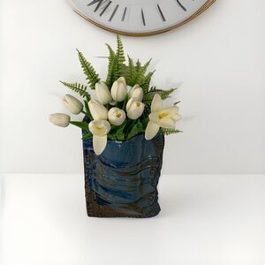 Vintage Wall Pocket Hand Made Pottery Blue Speckle Glossy Hanging Vase Art